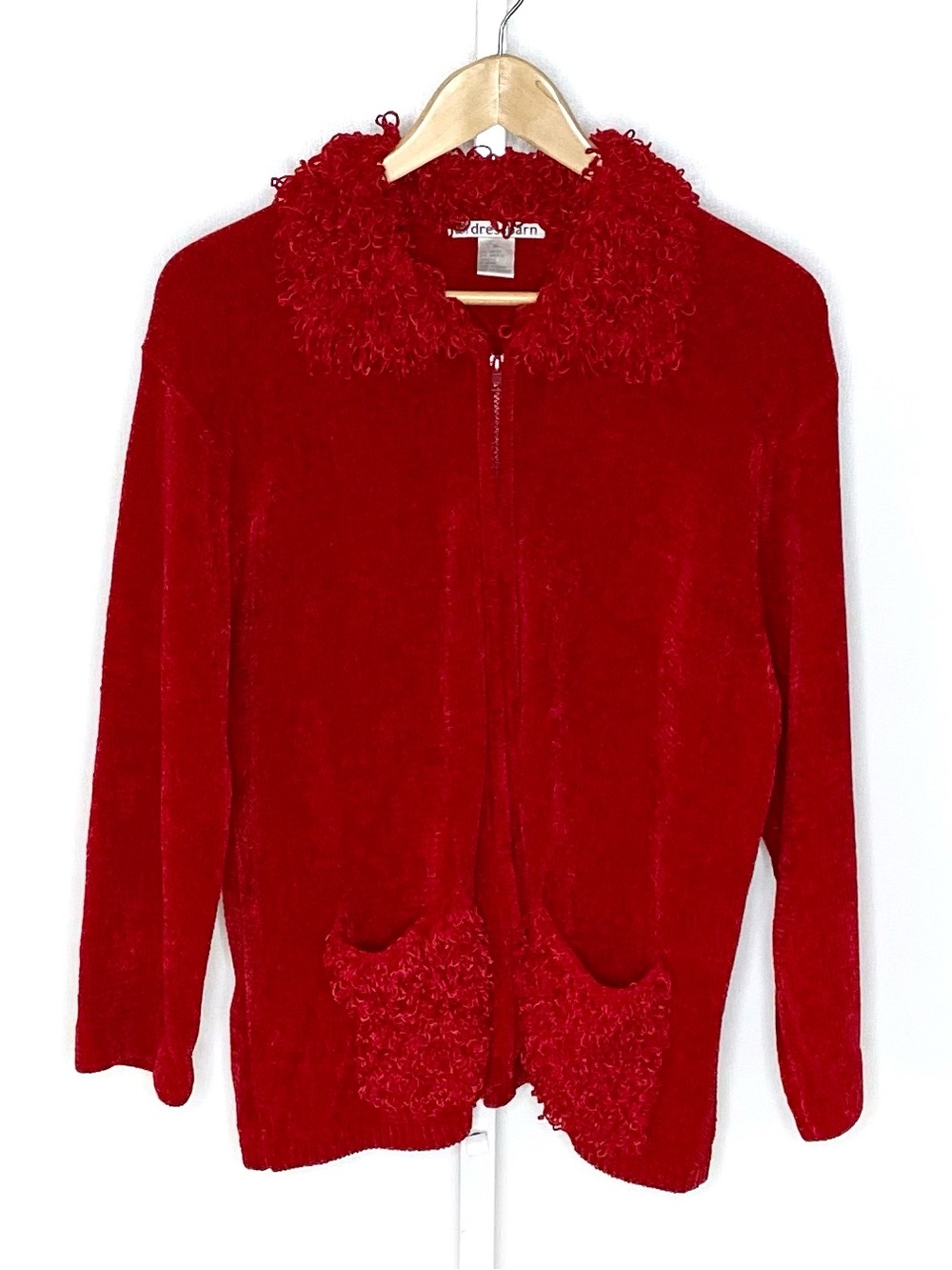 Dress Barn | Y2K VINTAGE Red Chenille Fuzzy Zip-Up Glam Grandma Cardigan Sz XL